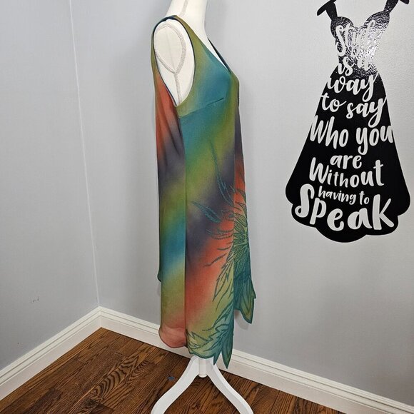 Clara Ombra V Neck Sleeveless Vintage Beaded Burst Floral Asymmetrical Dress - Picture 3 of 7